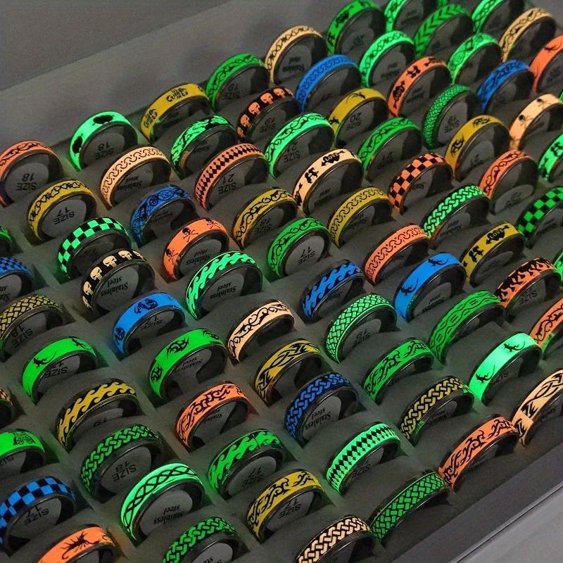 

10/20/30/50/100pcs Assorted Stainless Steel Colorful Luminous Rings, Unisex, Mixed Designs, Glow In The Dark For Music Festival