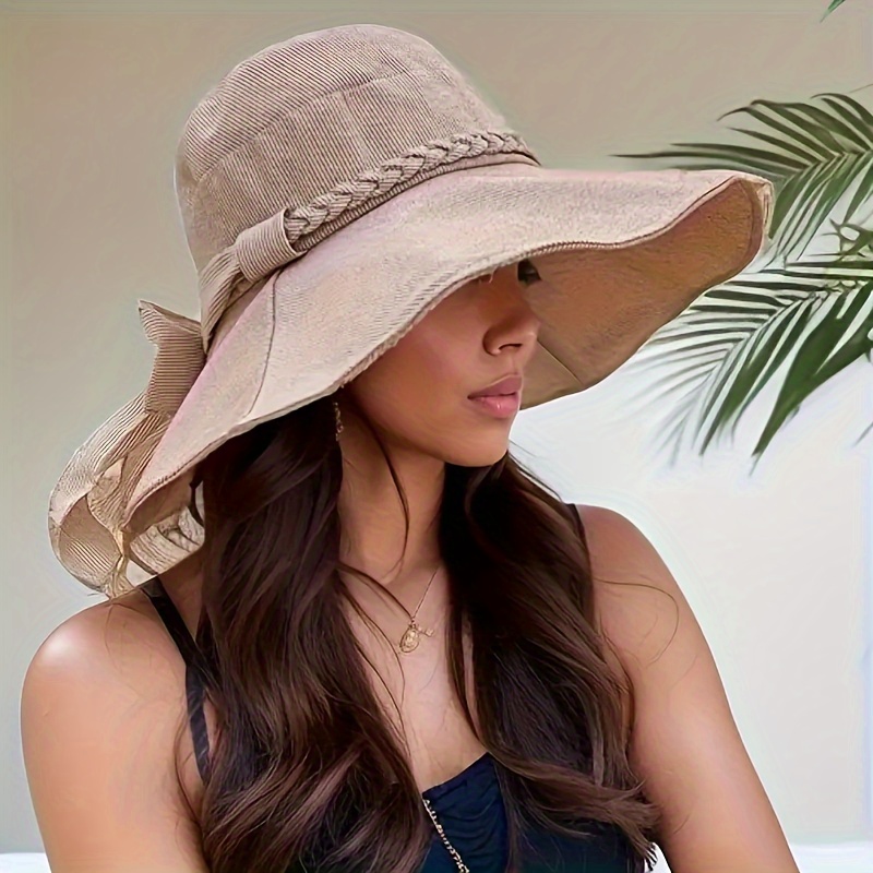 

Versatile Sunshade Large Brim Hat, Women's Bowknot Braided Decorative Caps, Outdoor Travel Wide Brim Sun Protection Foldable Versatile Beach Hat