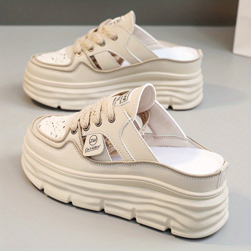 

Women's Breathable Platform Mule Sneakers, Casual Cut-out Design Lace Up Shoes, Comfortable Half Drag Summer Shoes