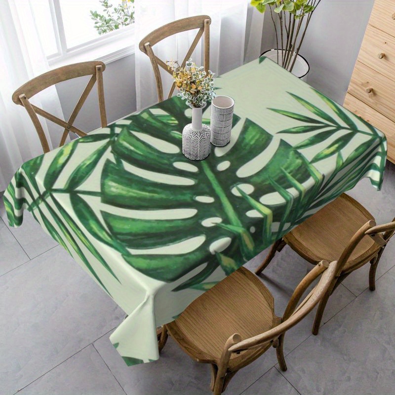 

Square Tropical Green Leaves Print Tablecloth, Machine-woven Polyester, Oil And Water Resistant, Heat-resistant, Stain-resistant, Multi-occasion Dining Table Cover