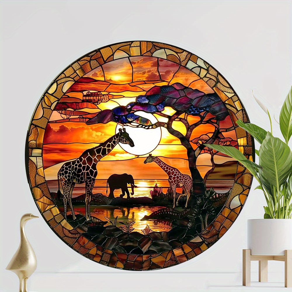 素朴なアフリカのサバンナの風景の装飾的な飾り板 - キリン、ゾウ、夕日のデザインが描かれた人工木材の壁掛け -  窓、庭、または庭のディスプレイに電気は不要
