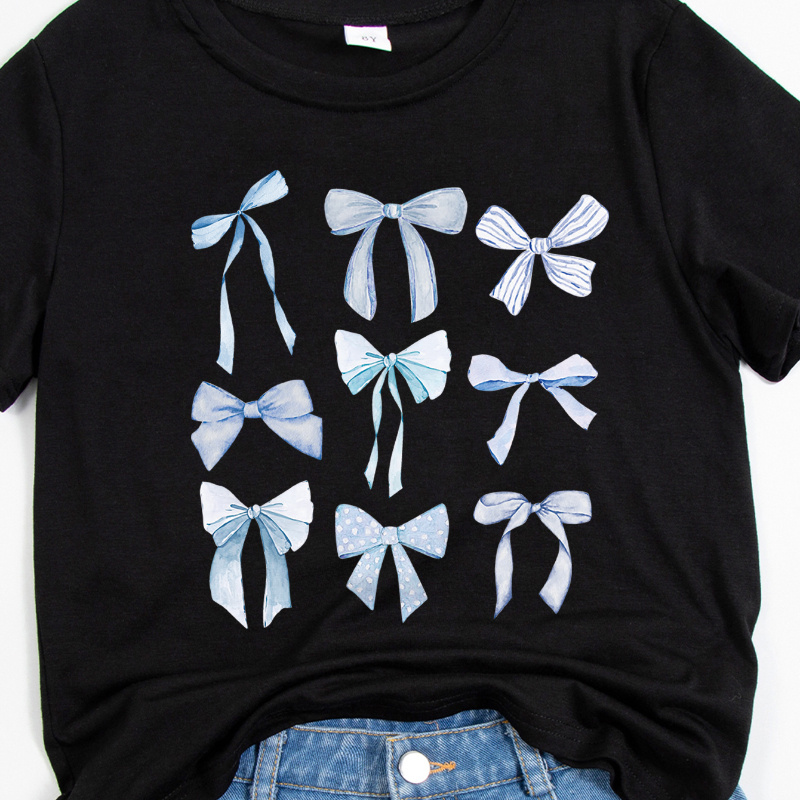 

Cartoon Bowknots Graphic Print, Girls' Stylish & Casual Short Sleeve Crew Neck Tee For Spring & Summer, Girls' Clothes, As Gifts