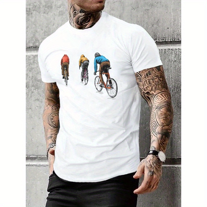 

T-shirt pour homme, haut décontracté d'été, confortable et à la mode, col rond, manches courtes avec imprimé cycliste créatif, adapté à un usage quotidien.