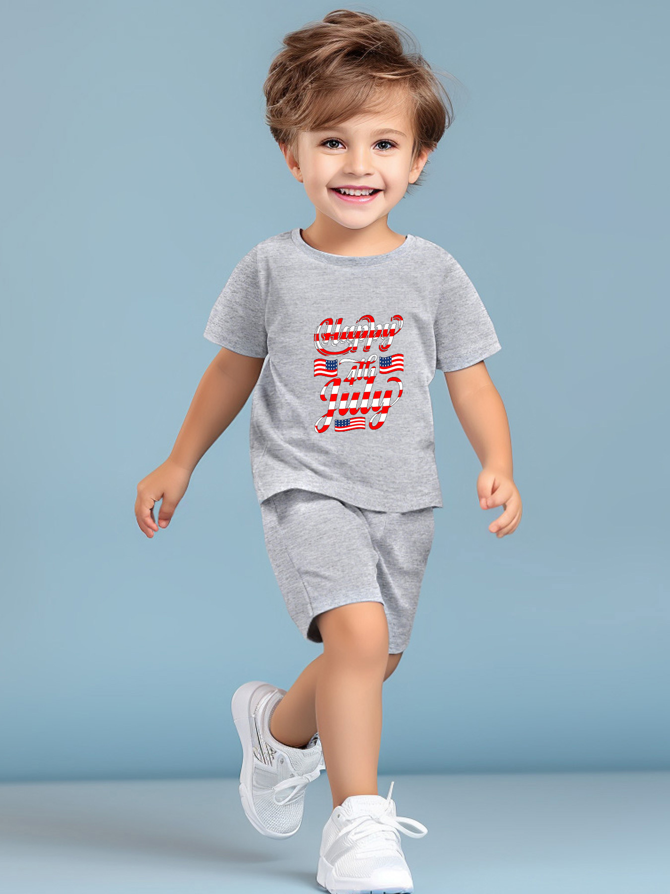Conjunto de camiseta de manga corta con estampado de bandera de dibujos animados del Día de la Independencia y pantalones cortos elásticos de cintura para niños, conjunto de 2 piezas de verano