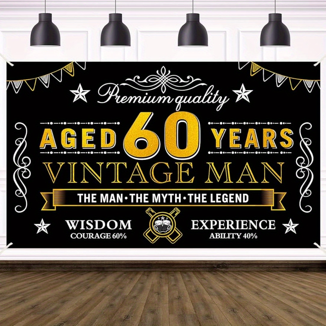 

1pc 5.9 X 3.6 Ft Happy 60th Birthday Banner Decorations For Men, Black Golden Vintage 60 Birthday Sign Party Supplies, Sixty Year Old Birthday Party Background Poster