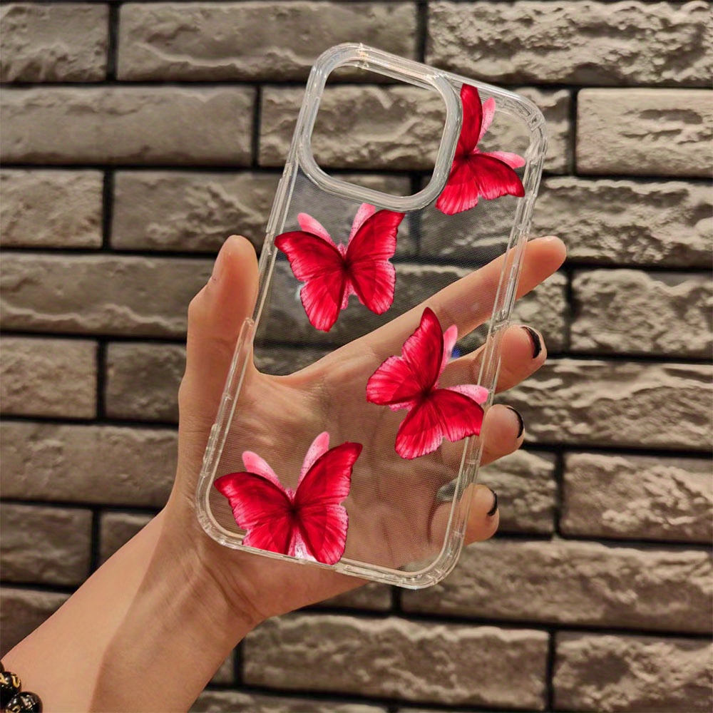 

Red Butterfly Tpu Phone Case For 11/12/13/14/15 Series - Shockproof, Anti-scratch Clear Protective Cover With Aesthetic Art Design - Ideal Gift For Girls And Friends
