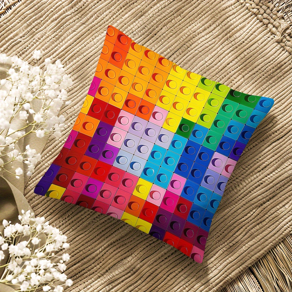 

1pc, Colorful Building Blocks, Cartoon Pattern Single-sided Digital Printed Short Plush Square Pillowcase, 17in*17in, Suitable For Sofa Living Room Bedroom Decoration, No Pillow Core Included