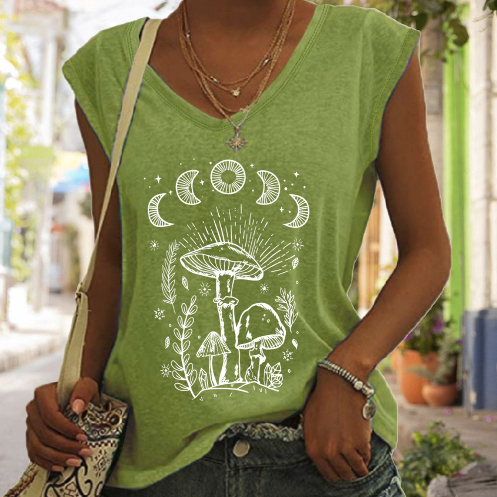 

Moon & Mushroom Print Top, Cap Sleeve Casual Top For Summer & Spring, Women's Clothing