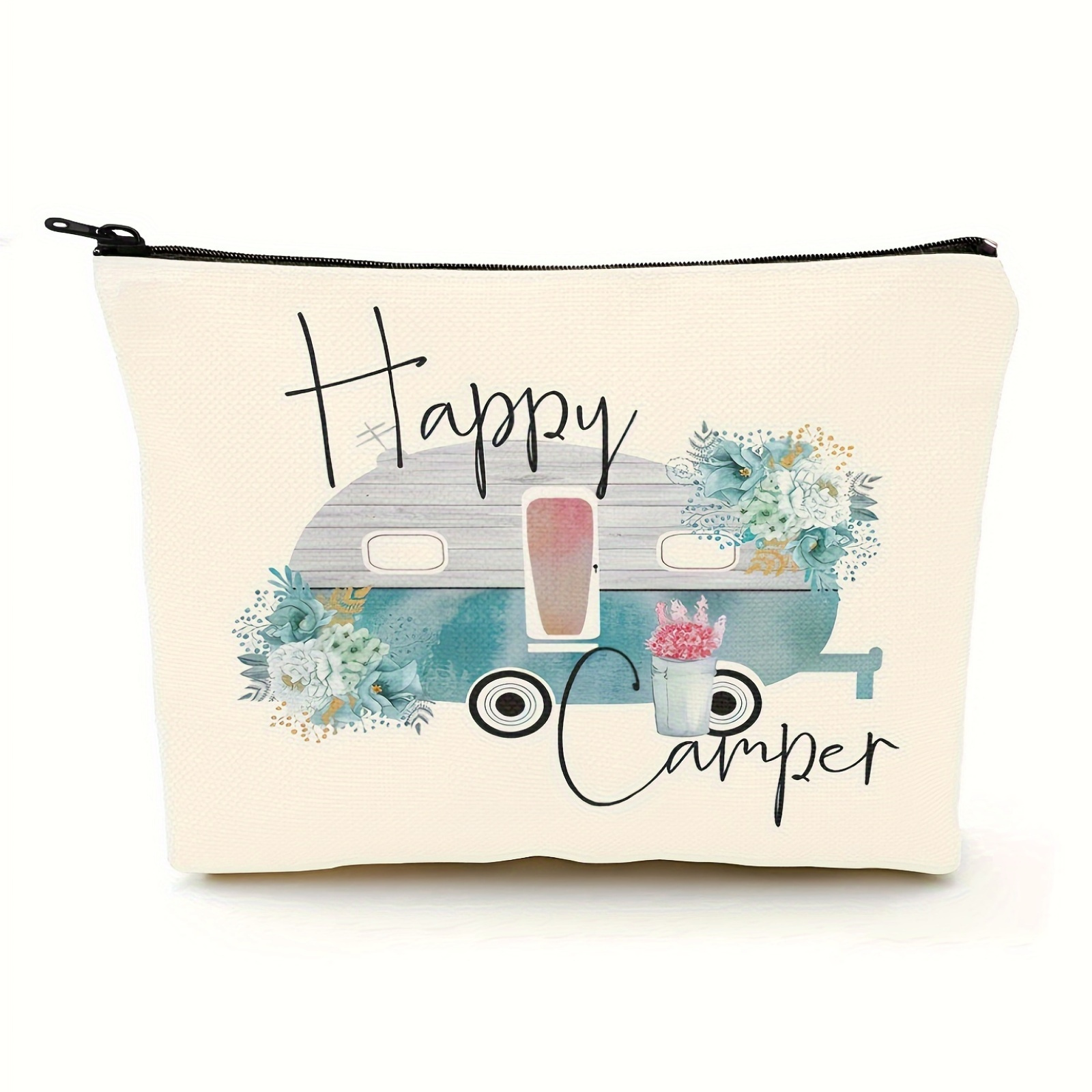 

Happy Camper Waterproof Makeup Bag - Perfect For Travel & Camping, Vintage Retro Design, Durable Polyester Cosmetic Travel Bag Portable Cosmetic Bag