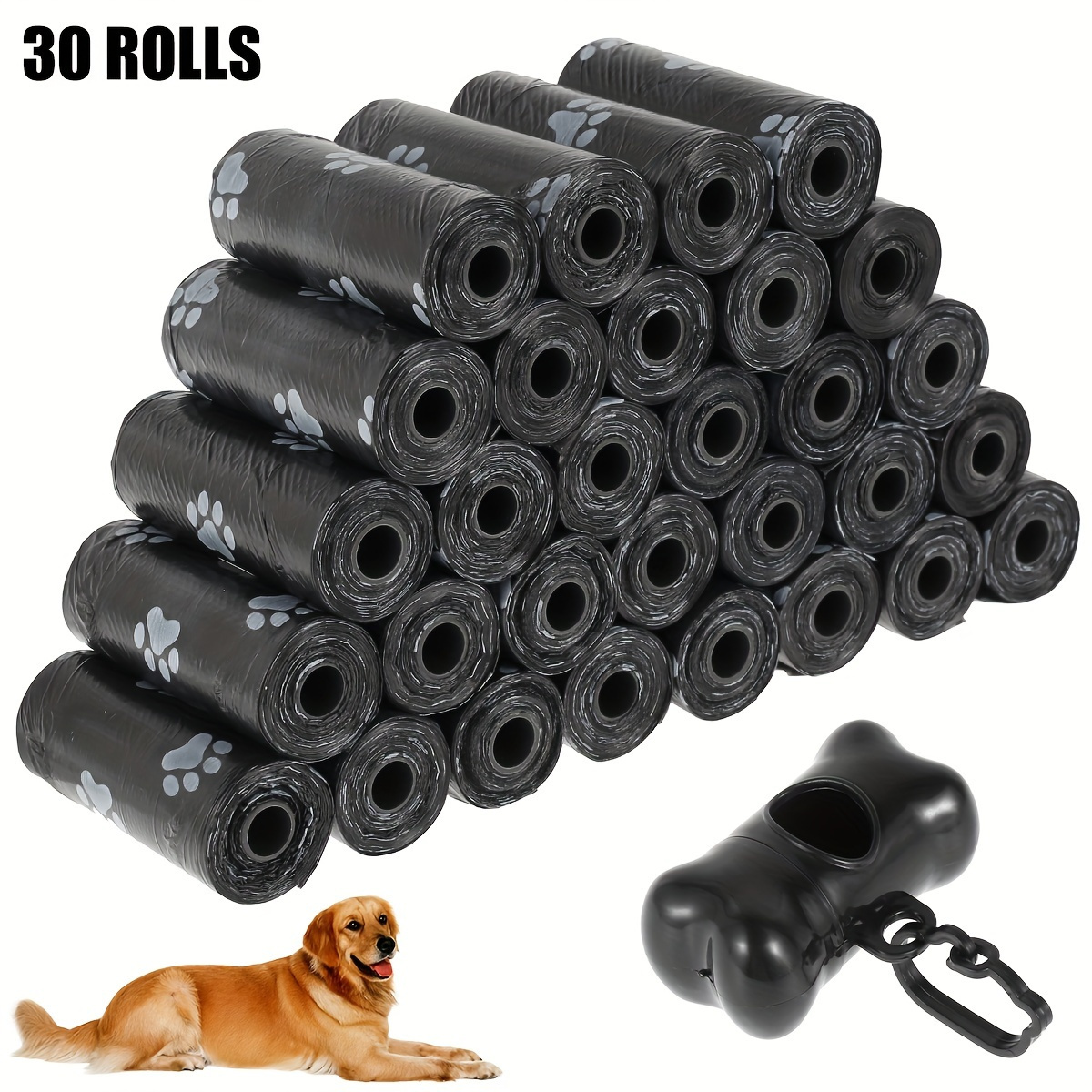 

30 Rolls/450pcs Pet Waste Bags, Black Paw Printed Dog Poop Clean-up Bags, Leak-proof, Outdoor Use, Doggie Bag Dispenser Refills