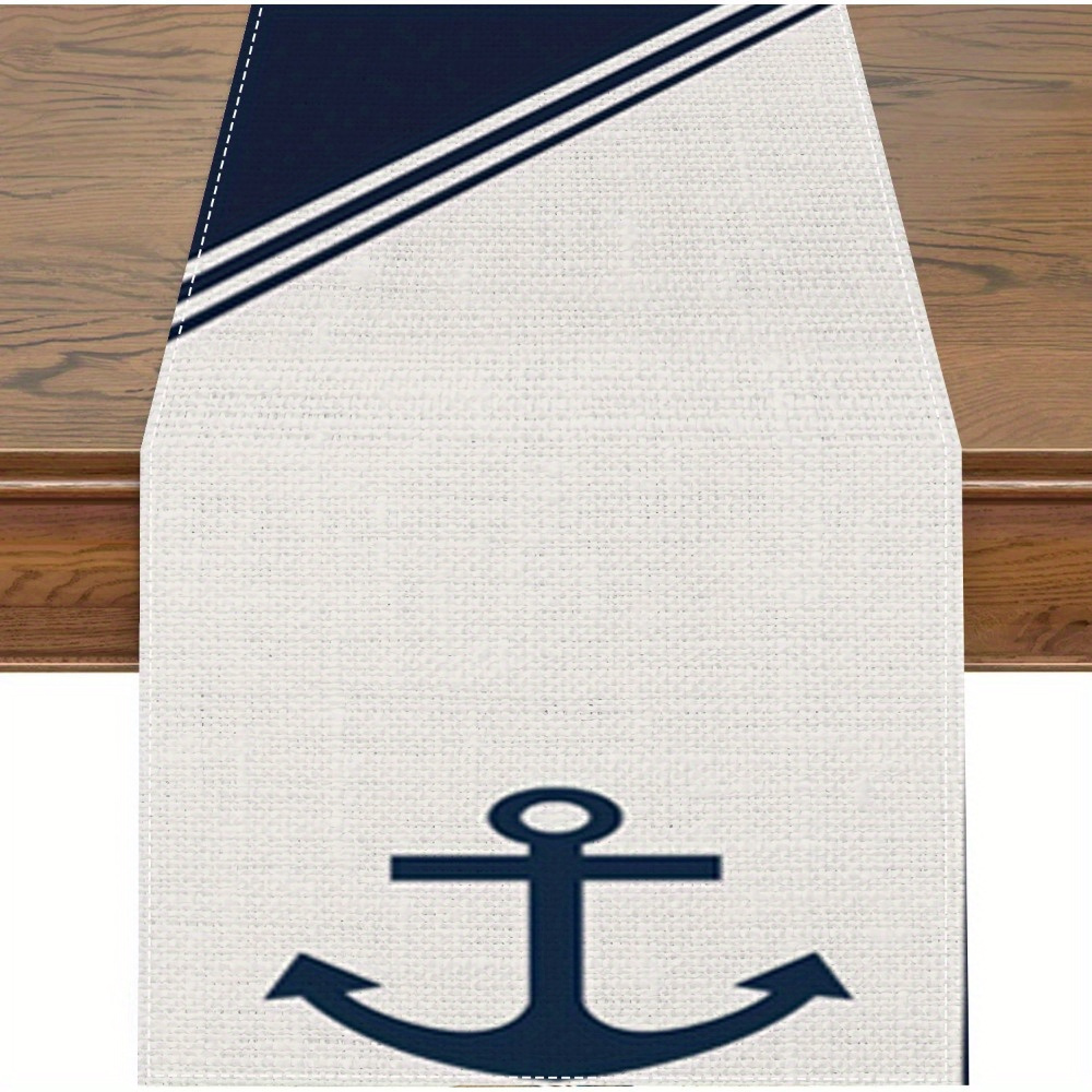 

1pc, Table Runner, Nautical Anchor Table Runner, Navy Blue And White Design Polyester Table Runner, Summer Dining Decor For Indoor, Party, And Holiday Gatherings