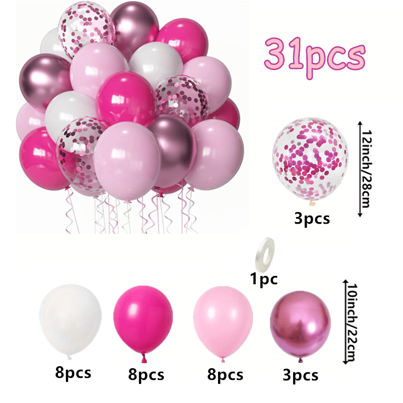 TEMU 31pcs Hot Pink White Balloon And Rose Red Metallic Confetti Balloons Party Latex Balloons For Girl, Perfect For Valentine's Day Gift Adult