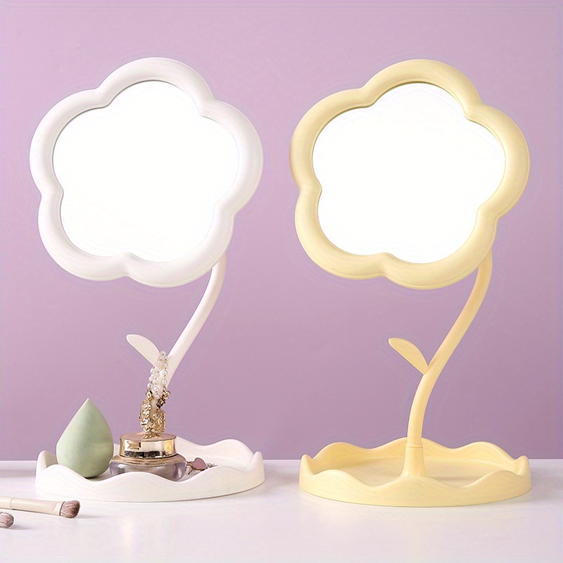 

Simplistic Flower-shaped Vanity Mirror With Storage Tray, 360-degree Rotating Makeup Mirror For Women, Solid Color, Desk Top, Home And Dorm Use