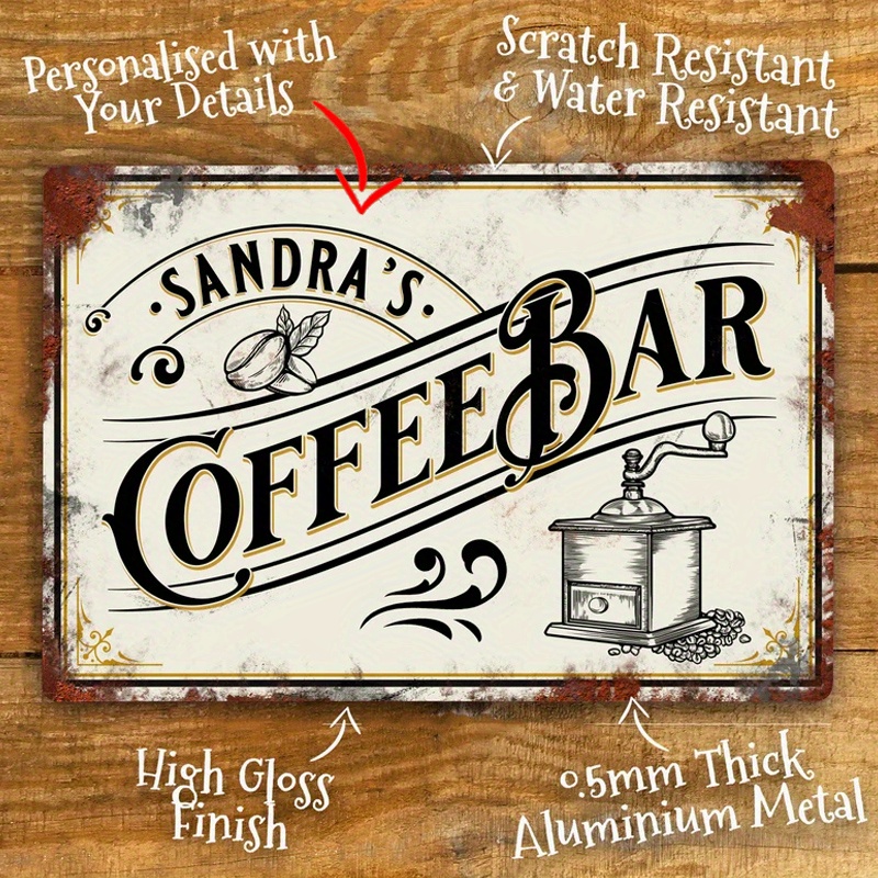 

1pc Personalized Vintage Coffee Bar Aluminum Sign, Rustic Aluminum Wall Decor, Customizable Text For Indoor Outdoor, Retro Signage For Coffee Shop Decoration