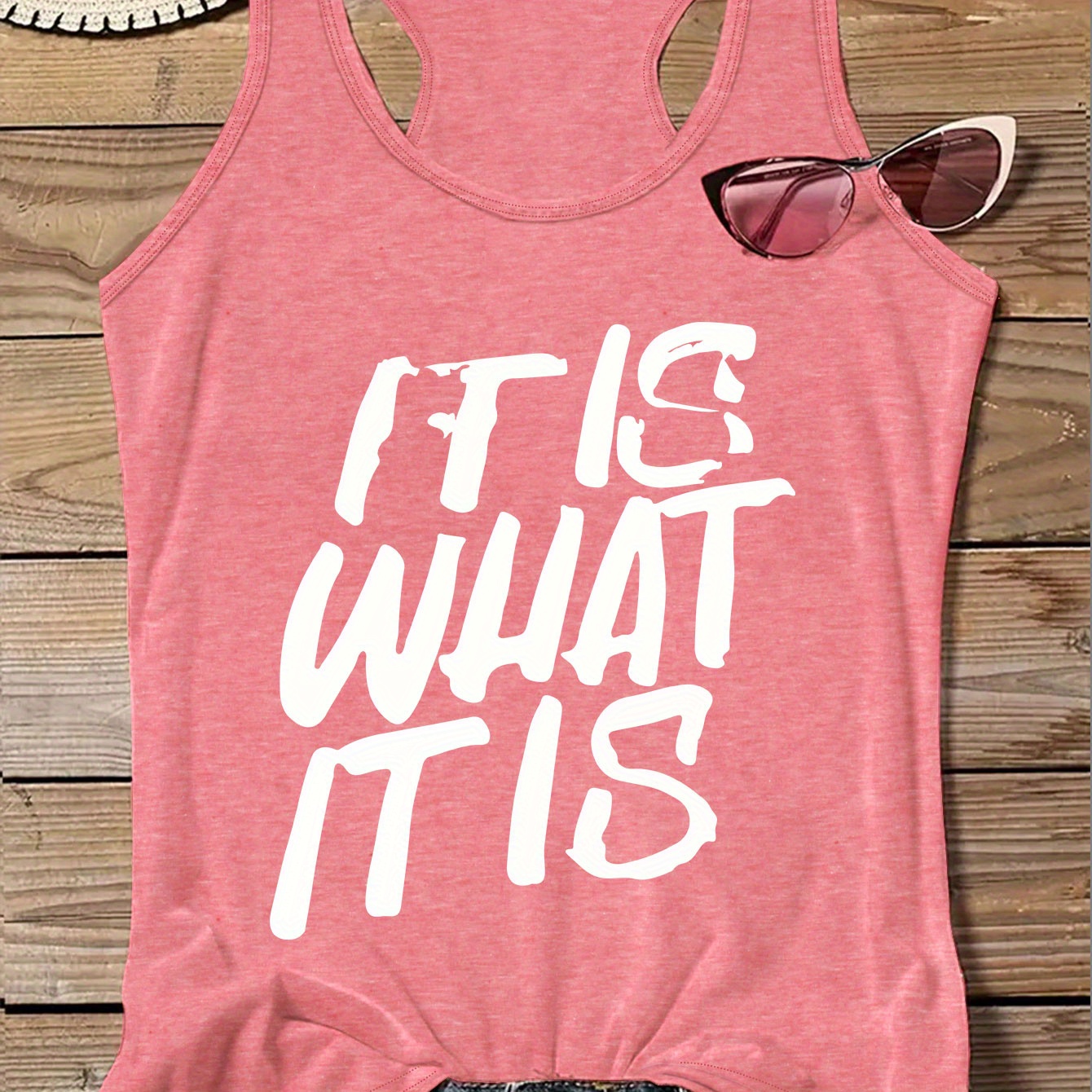 

Plus Size It Is What It Is Print Tank Top, Casual Crew Neck Sleeveless Tank Top For Summer, Women's Plus Size clothing