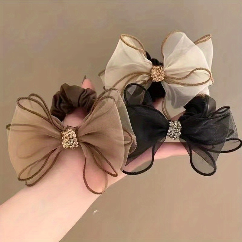 TEMU 3pcs Elegant Crystal Bow Hair Ties - Soft Polyester, Stylish Accessory For Girls, Everyday Use, Everyday Hair Accessories | Crystal Embellished Hair Ties | Polyester Hair Ties
