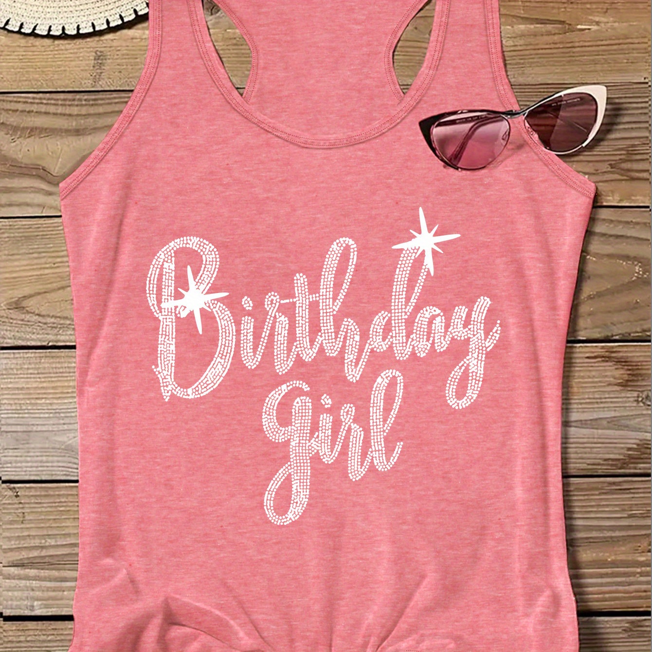 

Plus Size Birthday Print Tank Top, Casual Crew Neck Sleeveless Tank Top For Summer, Women's Plus Size clothing