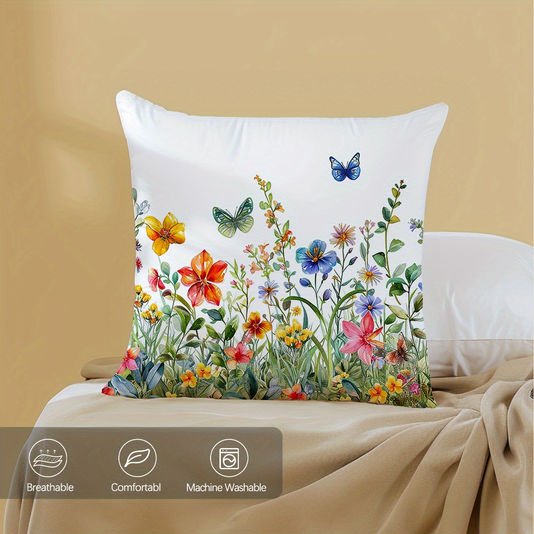 

1pc Contemporary Style Floral Print Cushion Cover 17.71x17.71 Inches, Peach Skin Velvet Sofa Pillow Case, Decorative Single-sided Flower Design With Butterfly Accents, Machine Washable