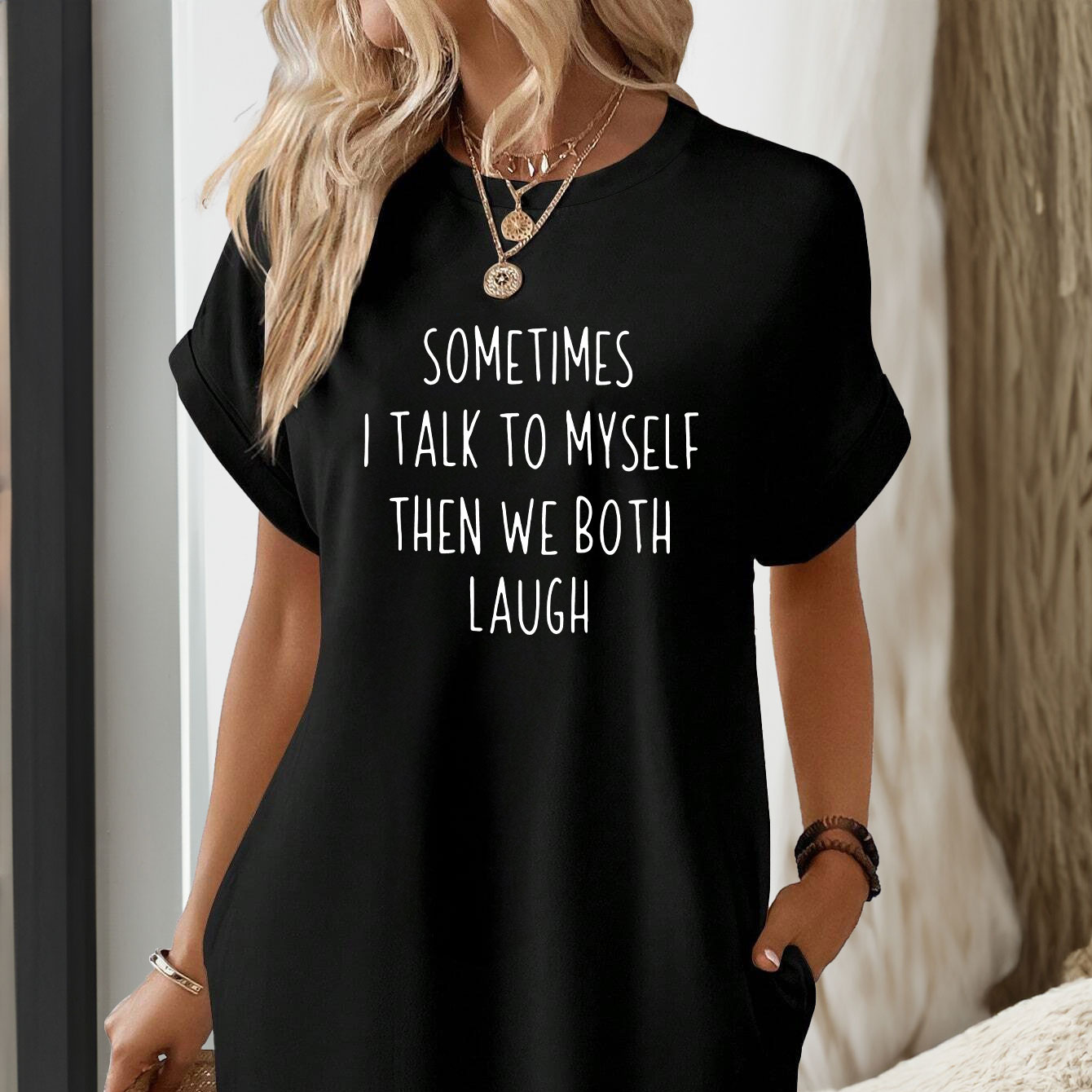 

Women's Slogan Print Casual Lounge Dress, Batwing Sleeve Round Neck Tee Dress With Pockets, Comfortable Nightgown