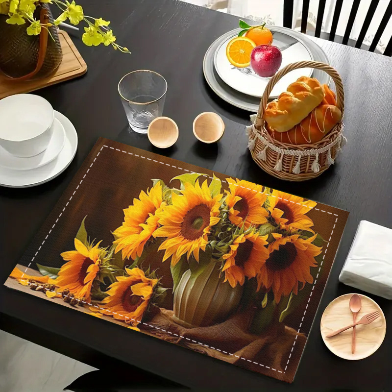 

1/4pcs, Sunflower Printed Placemats, Linen Table Mats, Washable Kitchen Dining Decor, Heat-resistant Mats For Party, Holiday Accessory, Scene Decoration