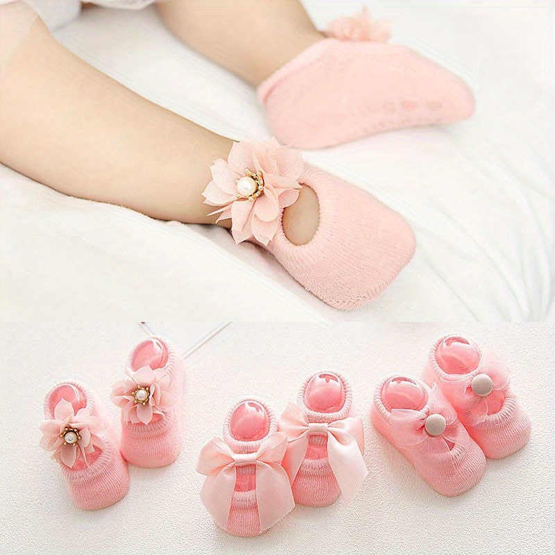 

3 Pairs Of Baby's Cotton Blend Fashion Lace Bow & Flower Low-cut Socks, Comfy Breathable Thin Non-slip Socks For Daily Wearing