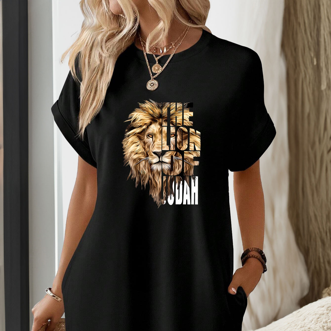 

Lion & Art Letter Print Lounge Dress, Casual Batwing Sleeve Round Neck Medium Stretch Tee Dress With Pockets, Women's Loungewear