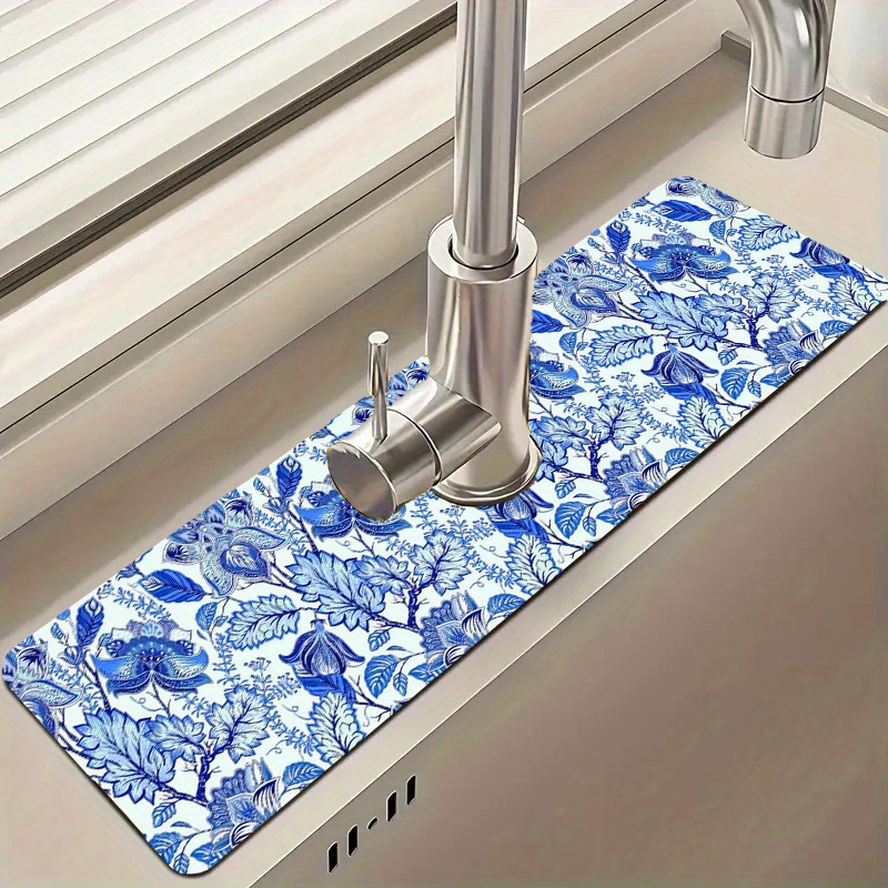 

1pc, Drain Pad, Blue Flower And Grass Printed Faucet Drain Mat, Faucet Water Collection Mat Sink Drying Mat, Kitchen And Bathroom Countertop Protection, Kitchen Supplies, Bathroom Accessories