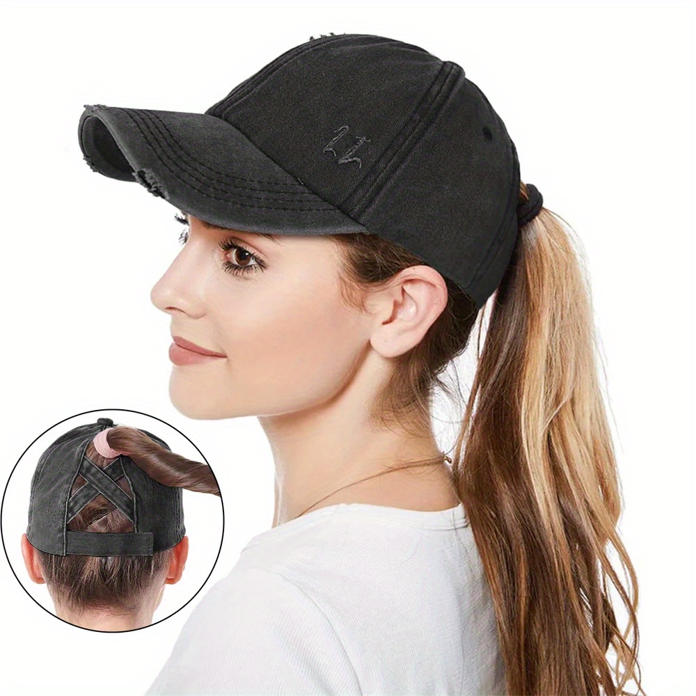 

Women's Vintage Washed Cotton Baseball Cap With Ponytail Hole, Adjustable Sport Cap, Casual Sun Hat For Outdoor Activities