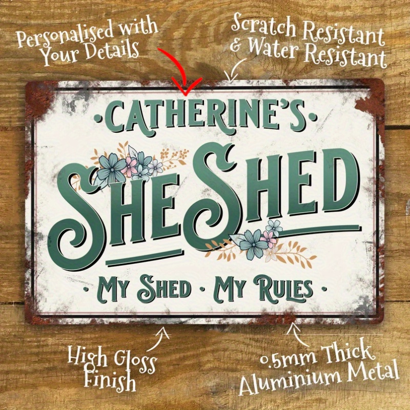 

1pc Custom Name Text Personalized She Shed Sign Metal Garden Wall Door Decor Accessory, Women's Female Shed Vintage Retro Plaque, Waterproof Sign 8x12 In