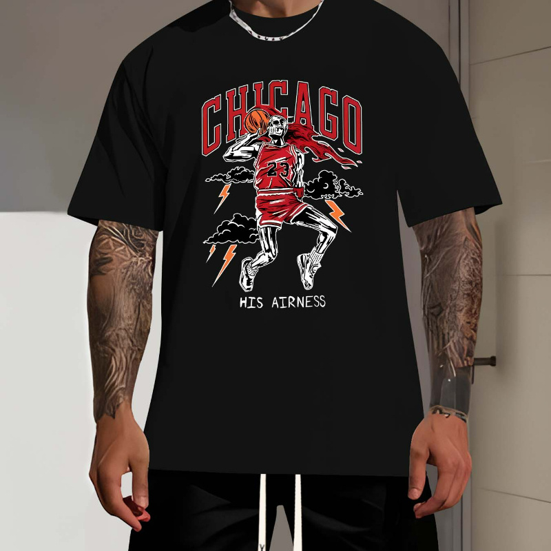 

Chicago & Skeleton Basketball Player Graphic Print Crew Neck Short Sleeve T-shirt For Men, Casual Summer T-shirt For Daily Wear And Vacation Resorts