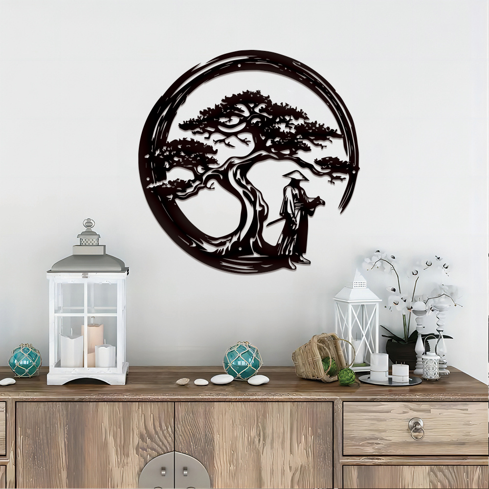 

1pc Classic Vintage Japanese Samurai Landscape Tree, Metal Logo Vintage Wall Art Decor Home Cafe Office Shop Bar Club Logo Gift Plaque