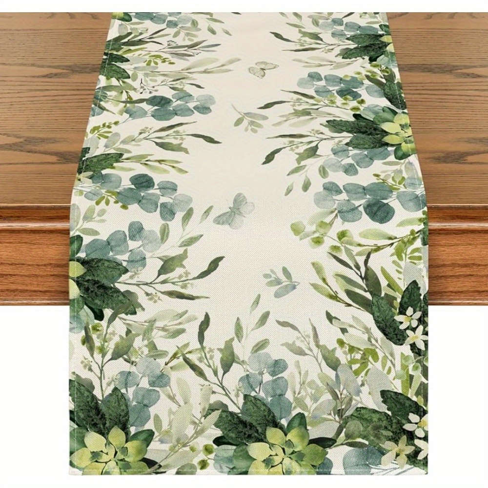 

1pc, Table Runner, Green Eucalyptus Leaf Pattern Table Runner, Spring Theme Decorative Table Runner, Kitchen & Dining Room Decor, Party Decor