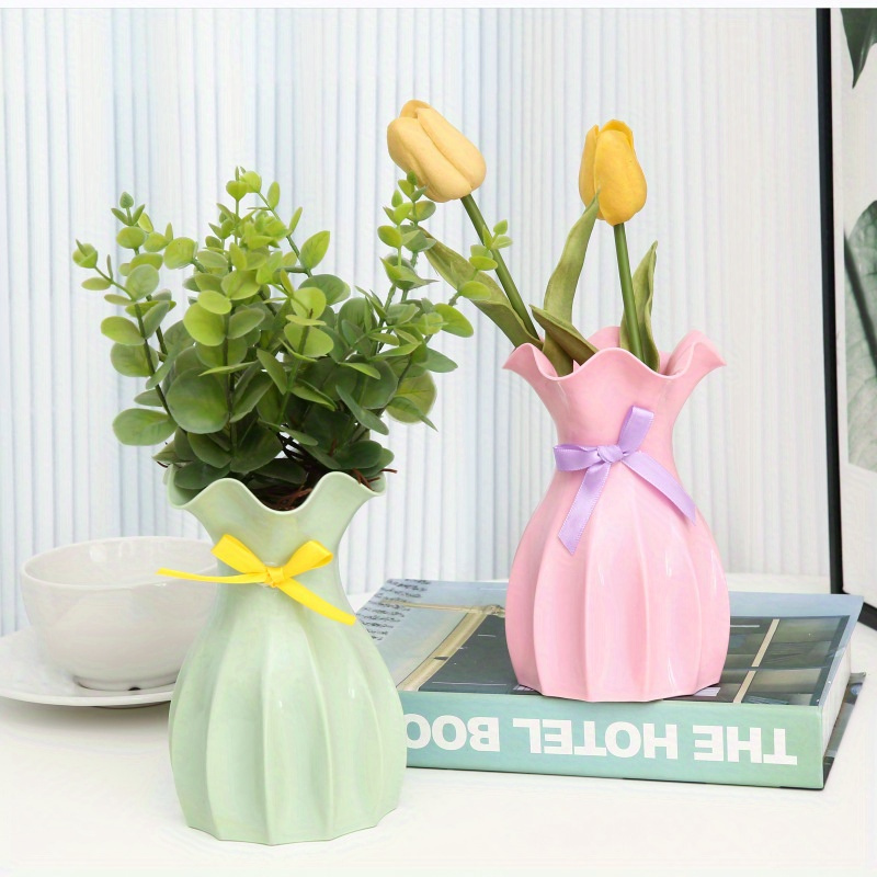 

Chic Plastic Vase With Random Bow - Contemporary Tabletop Flower Pot For Living Room Decor