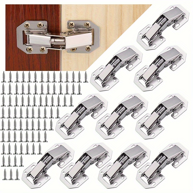 

10pcs Stainless Steel Concealed Cabinet Hinges, 90 Degree Spring Buffer, Surface Mount Frameless Cupboard Door Hinges With Screws, No Slot Required