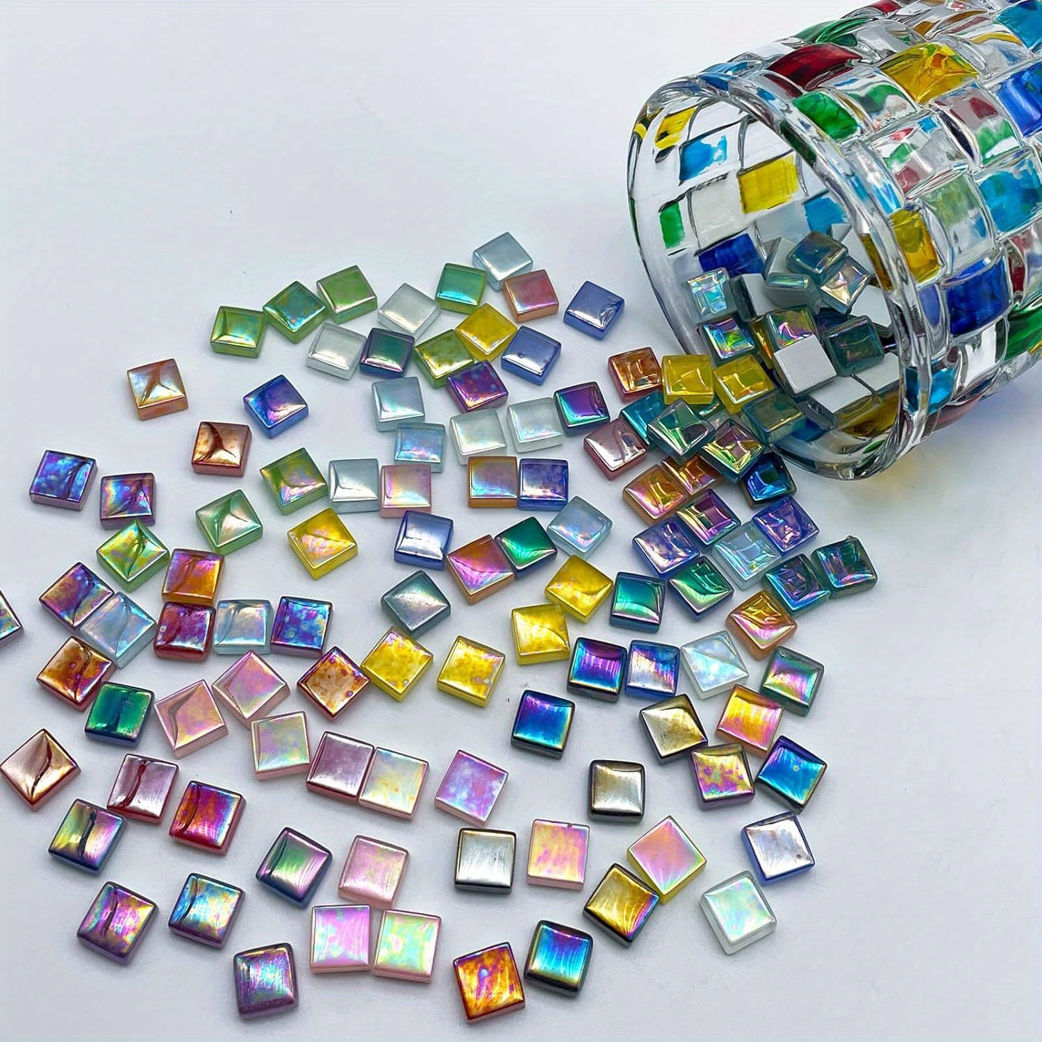 Image of 150pcs Vibrant Iridescent Glass Mosaic Tiles, Assorted Colors - Diy Crafts & Home Decor, Square & Diamond Shapes In Organized Storage Box, Diy Craft Materials
