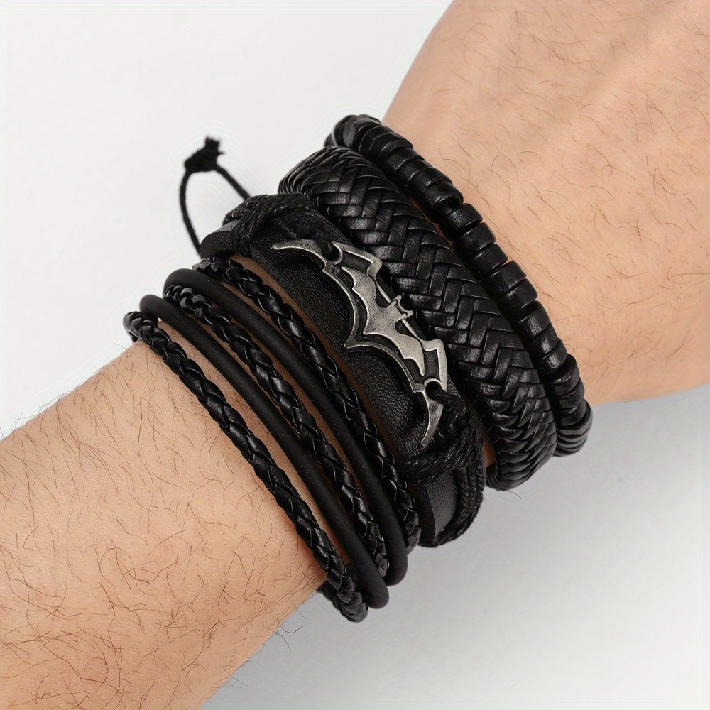 

Men's Fashion Bracelet Set, 4 Pcs Vintage Bat Emblem Woven Pu Leather Cuff Bangles, Adjustable Braided Punk Jewelry Accessories For Festivals Gifts