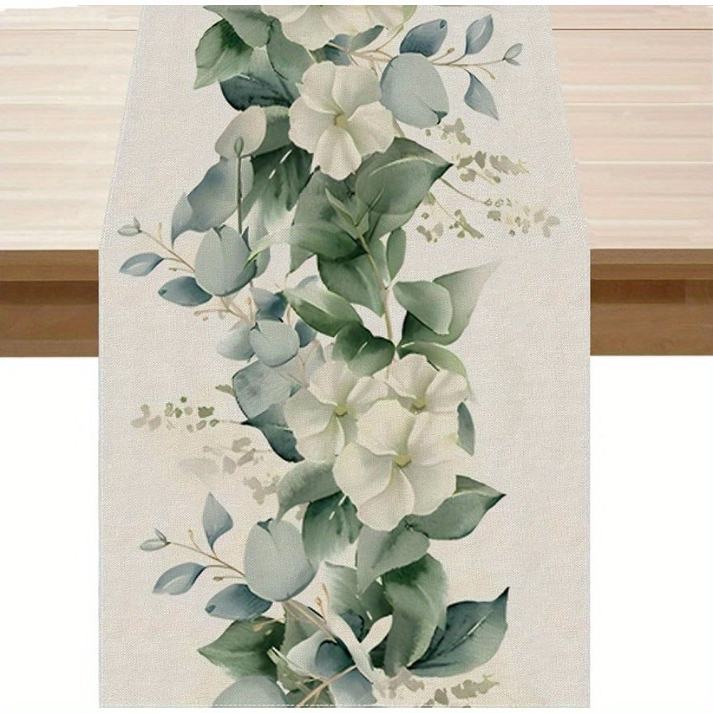 

1pc, Table Runner, Eucalyptus Leaf And White Flower Pattern Table Runner, Spring Theme Decorative Table Runner, Kitchen & Dining Room Decor, Party Decor