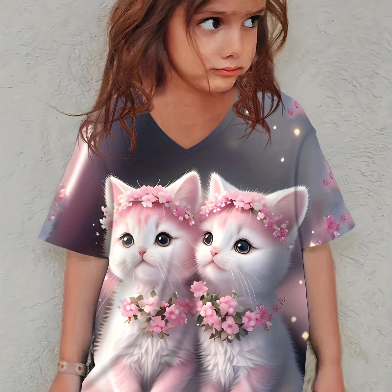 

Knit Cat Graphic Short Sleeve Crew Neck T-shirt For Girls, Casual Comfy Breathable Summer Tee Top Versatile Gift