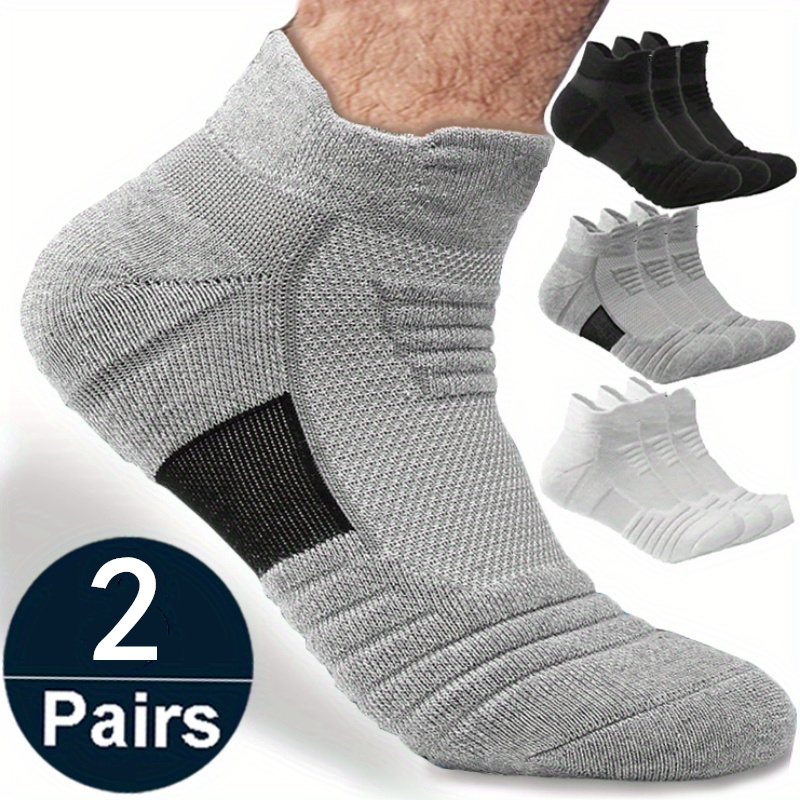 

2 Pairs Of Men's Solid Colour Towel Sole Anti Odor Ear Lifting Sport Socks, Comfy Breathable Sweat Absorbing Soft & Elastic Socks, Spring & Summer