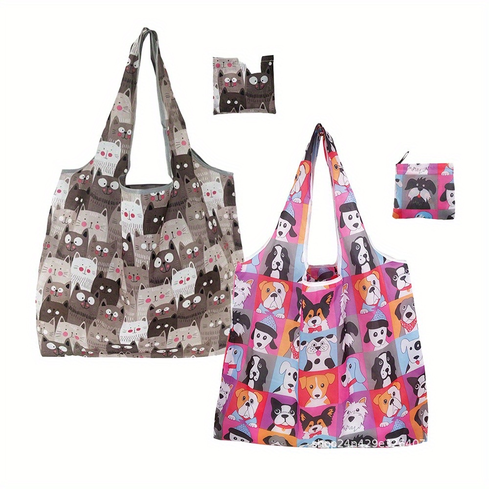 

2pcs Polyester Reusable Grocery Bags, Foldable Machine Washable, Lightweight Tote For Shopping & Storage, With Cute Cat & Dog Design