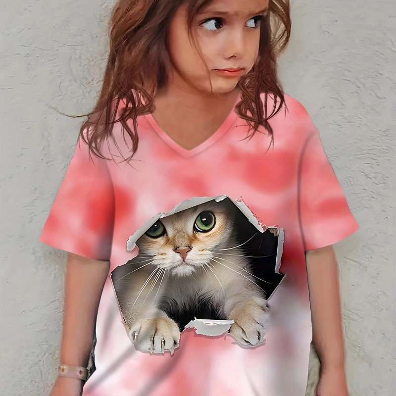

Knit Tie-dye Cat Graphic Short Sleeve V Neck T-shirt For Girls, Casual Comfy Breathable Versatile Tee Top Summer Gift