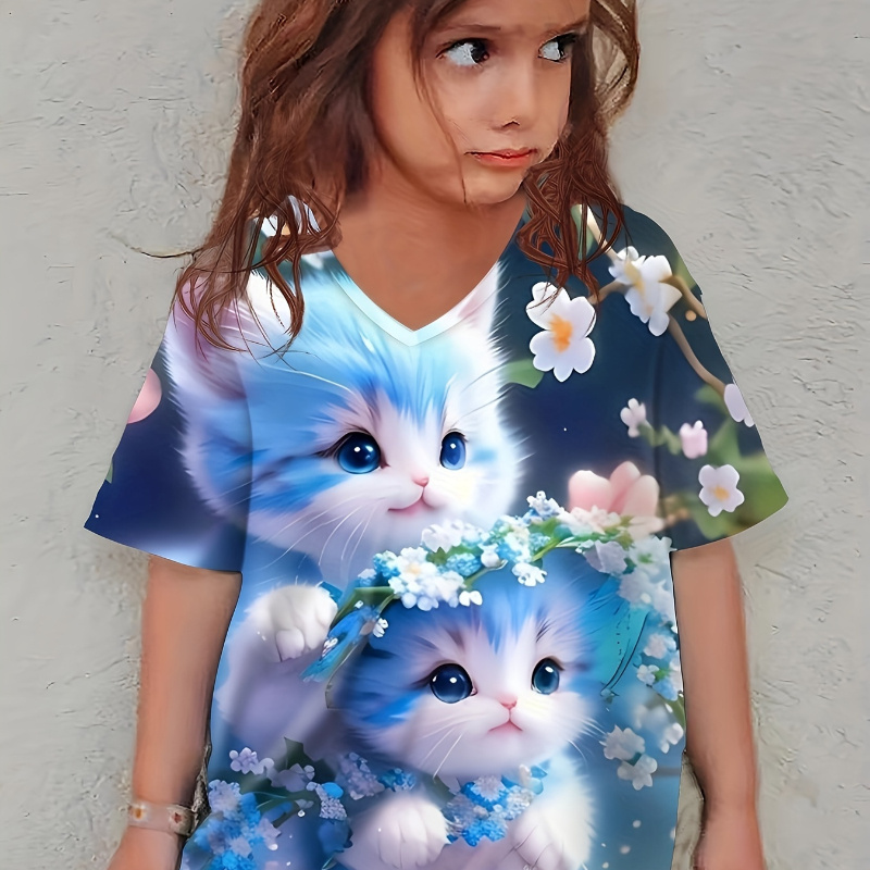 

Knit Cat Floral Pattern Short Sleeve V Neck T-shirt For Girls, Casual Comfy Breathable Summer Tee Top Versatile Gift