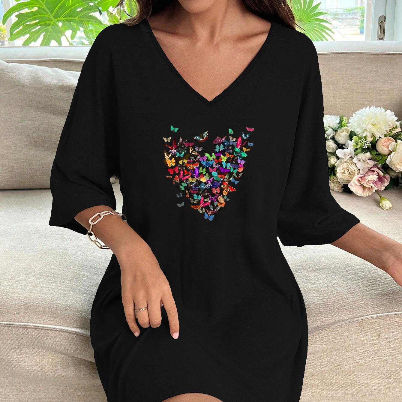 

Women's Plus Casual V-neck T-shirt Dress, Plus Size Colorful Butterfly Print Half Sleeve Nightdress