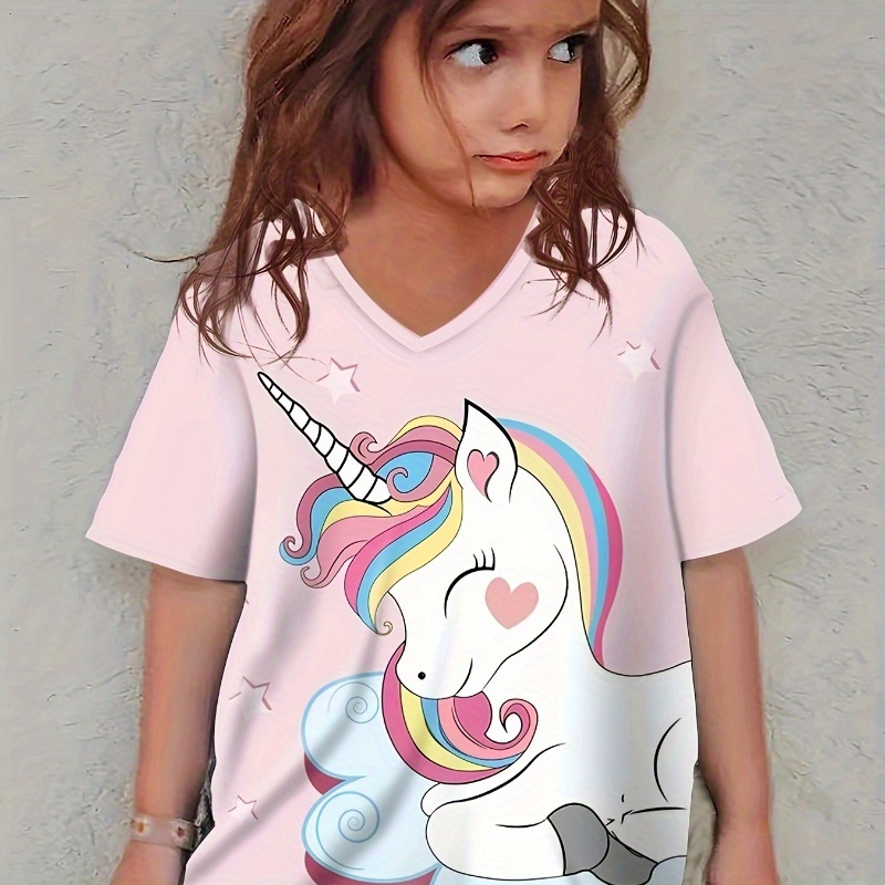 

Cartoon Unicorn Graphic Short Sleeve V Neck T-shirt For Girls, Casual Comfy Breathable Versatile Tee Top Summer Gift
