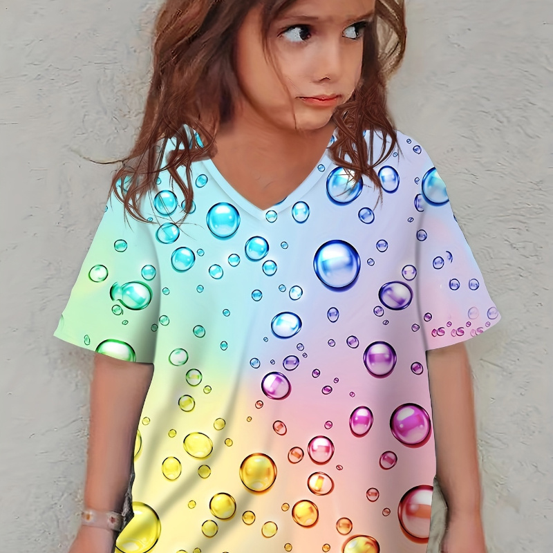 

Colorful Bubbles Graphic Short Sleeve V Neck T-shirt For Girls, Casual Comfy Breathable Summer Tee Top Versatile Gift