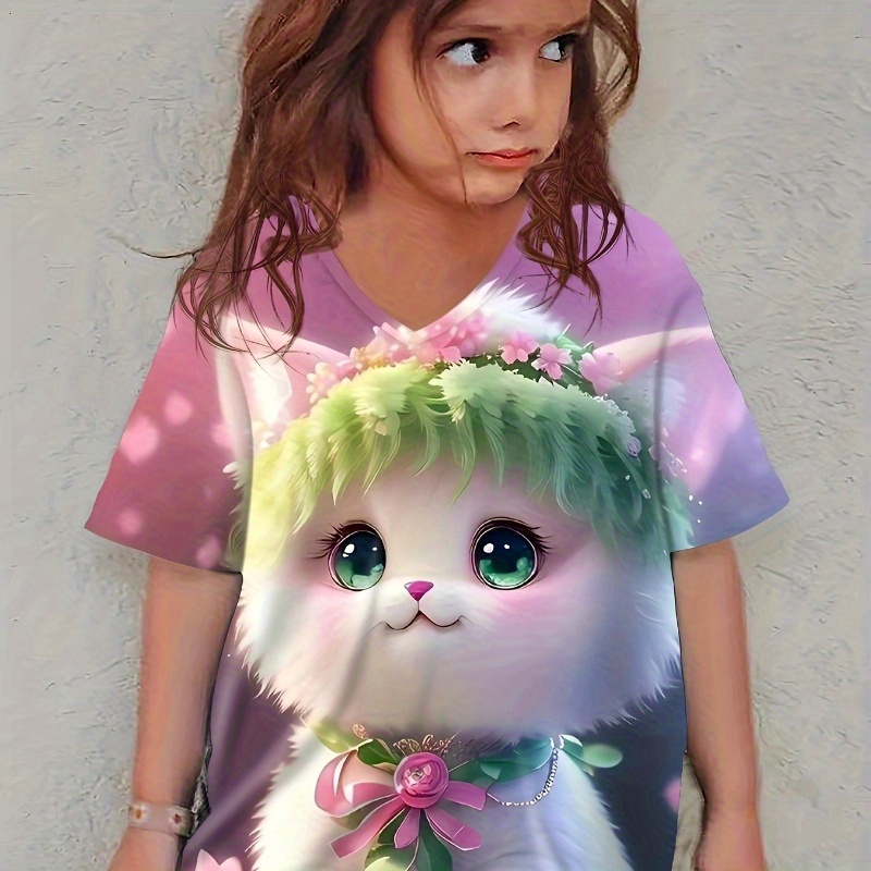 

Knit Cartoon Animal Graphic Short Sleeve V Neck T-shirt For Girls, Casual Comfy Breathable Summer Tee Top Versatile Gift