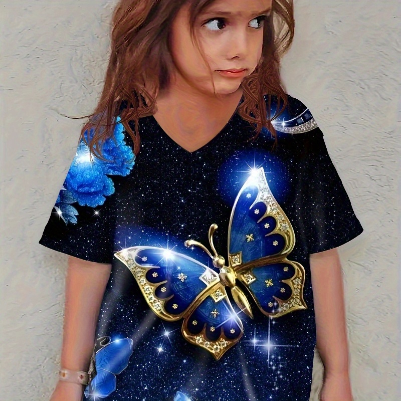 

Knit Butterfly Pattern Short Sleeve V Neck T-shirt For Girls, Casual Comfy Breathable Summer Tee Top Versatile Gift