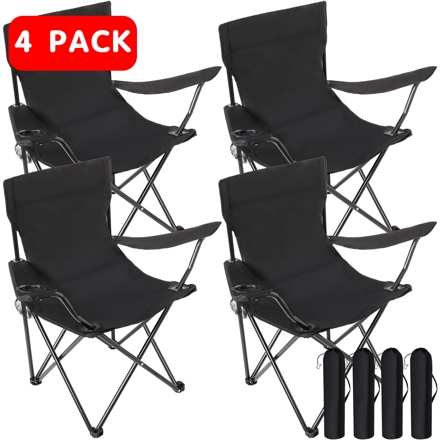 

4-pack Adult Folding Camping Chairs - Portable Outdoor Chair With Iron Alloy Frame, Mesh Cup Holder, Foldable Design For Camping, Fishing, Sports, Includes Carrying Bag