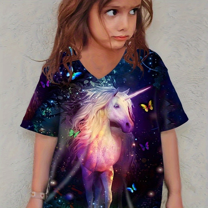 

Knit Colorful Unicorn Graphic Short Sleeve Crew Neck T-shirt For Girls, Casual Comfy Breathable Versatile Tee Top Summer Gift