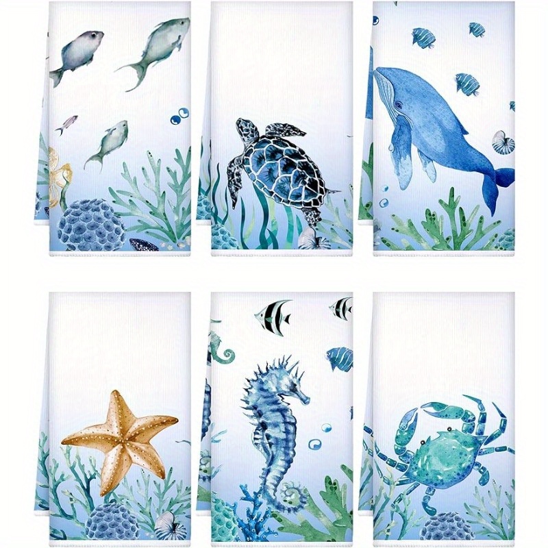 

6pcs, Hand Towel, Beach Ocean Theme Sea Turtle Starfish Printed Tea Towel, Polyester Blend Dishcloth, Multifunctional Dish Towel, Napkin Placemat For Kitchen, Bathroom, Cleaning Supplies